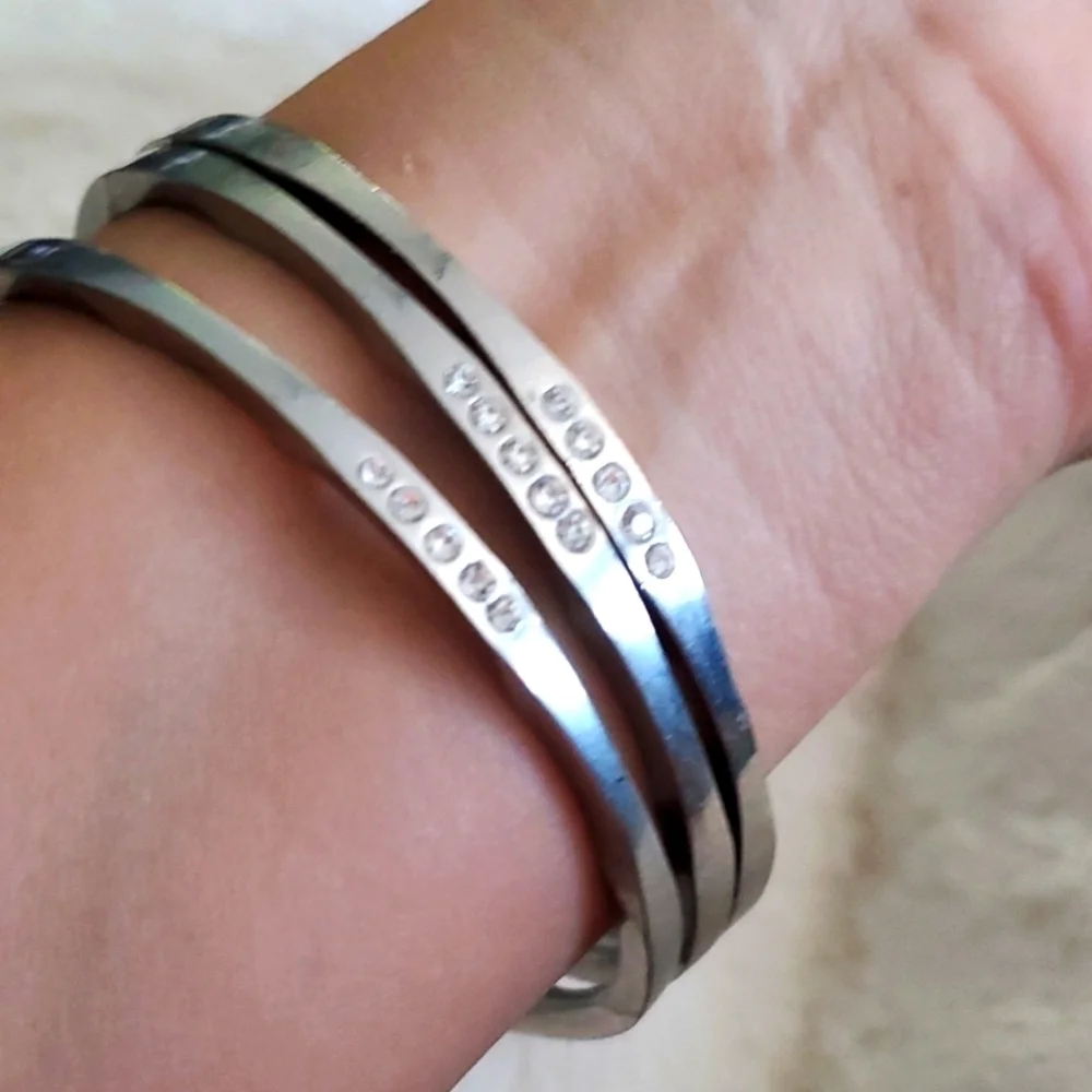 THREE SILVER BANGLE BRACELETS W BLING, ALL GEMS PRESENT